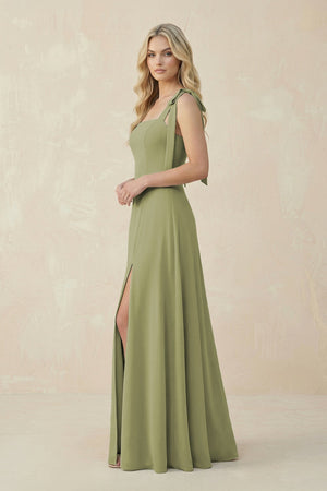 Square Neck Chiffon A - Line Bridesmaid Dress With Bow - KissProm Bridesmaid Dresses