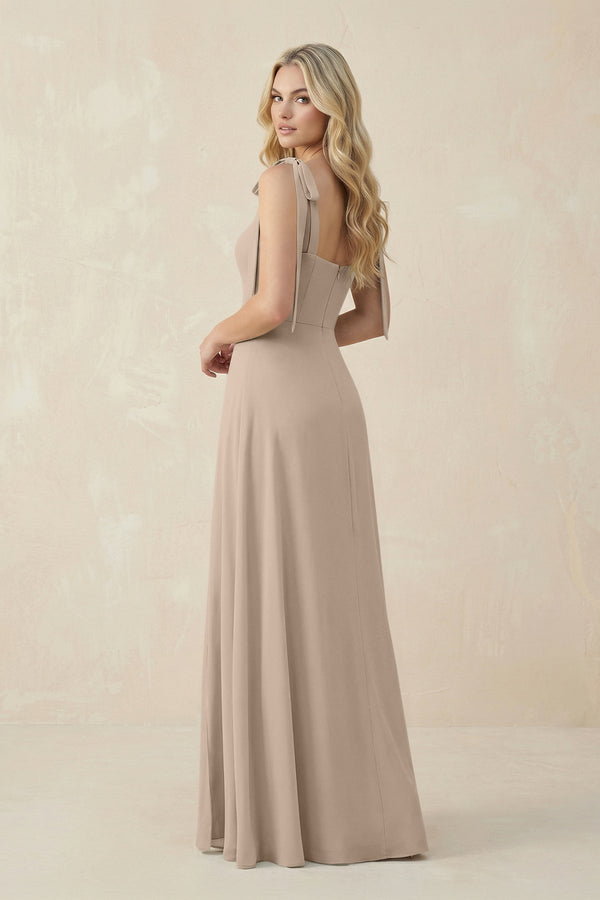 Square Neck Chiffon A - Line Bridesmaid Dress With Bow in Almond - KissProm Bridesmaid Dresses