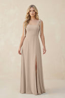 Square Neck Chiffon A - Line Bridesmaid Dress With Bow in Almond - KissProm Bridesmaid Dresses