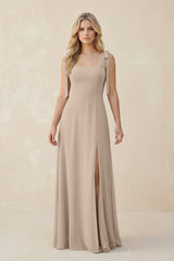 Square Neck Chiffon A - Line Bridesmaid Dress With Bow in Almond - KissProm Bridesmaid Dresses