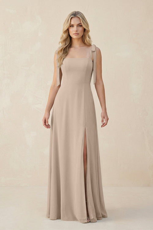 Square Neck Chiffon A - Line Bridesmaid Dress With Bow in Almond - KissProm Bridesmaid Dresses