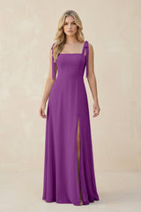 Square Neck Chiffon A - Line Bridesmaid Dress With Bow in Amethyst - KissProm Bridesmaid Dresses