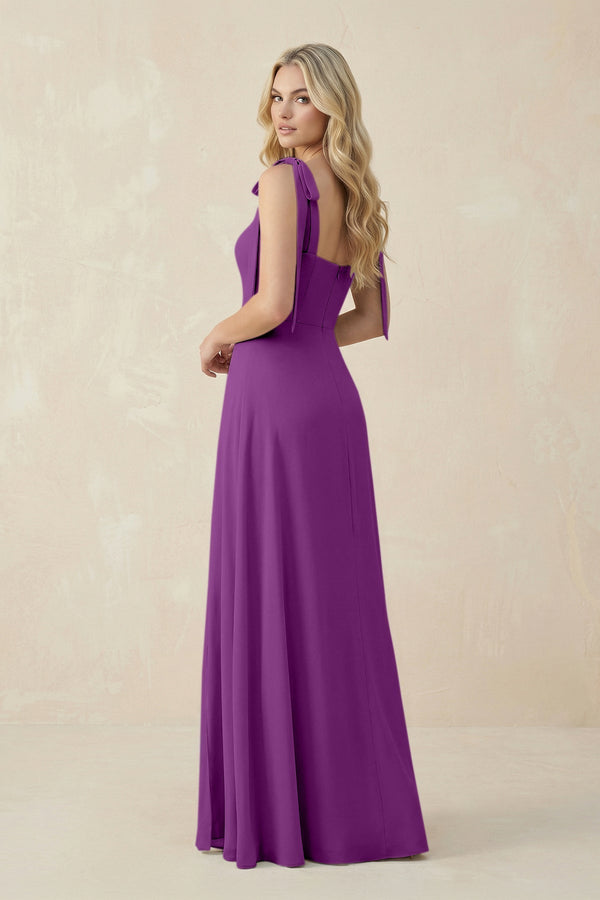 Square Neck Chiffon A - Line Bridesmaid Dress With Bow in Amethyst - KissProm Bridesmaid Dresses