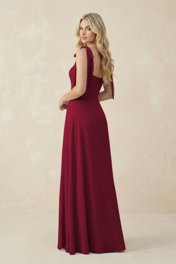 Square Neck Chiffon A - Line Bridesmaid Dress With Bow in Berry - KissProm Bridesmaid Dresses