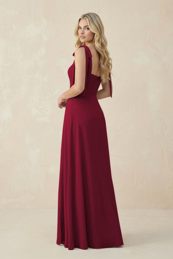 Square Neck Chiffon A - Line Bridesmaid Dress With Bow in Berry - KissProm Bridesmaid Dresses