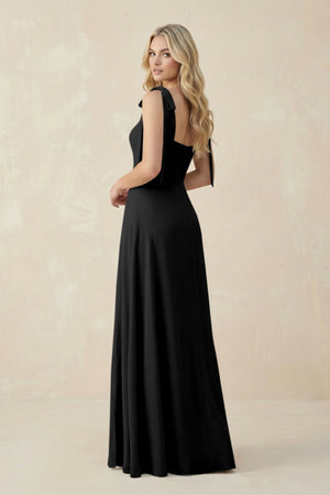 Square Neck Chiffon A - Line Bridesmaid Dress With Bow in Black - KissProm Bridesmaid Dresses