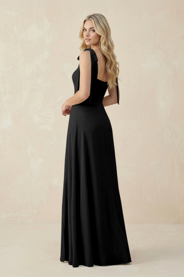 Square Neck Chiffon A - Line Bridesmaid Dress With Bow in Black - KissProm Bridesmaid Dresses