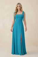 Square Neck Chiffon A - Line Bridesmaid Dress With Bow in Blue Jay - KissProm Bridesmaid Dresses