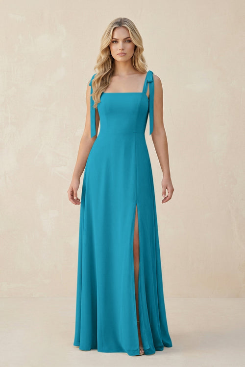 Square Neck Chiffon A - Line Bridesmaid Dress With Bow in Blue Jay - KissProm Bridesmaid Dresses
