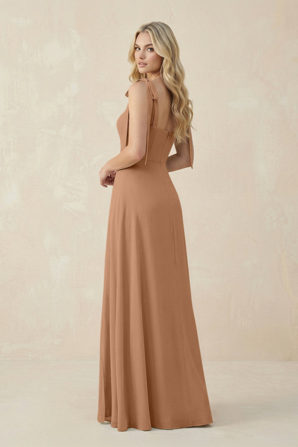 Square Neck Chiffon A - Line Bridesmaid Dress With Bow in Bronzer - KissProm Bridesmaid Dresses