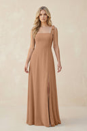 Square Neck Chiffon A - Line Bridesmaid Dress With Bow in Bronzer - KissProm Bridesmaid Dresses