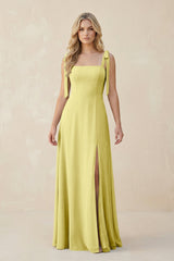 Square Neck Chiffon A - Line Bridesmaid Dress With Bow in Buttercup - KissProm Bridesmaid Dresses