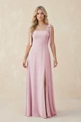 Square Neck Chiffon A - Line Bridesmaid Dress With Bow in Candy Pink - KissProm Bridesmaid Dresses