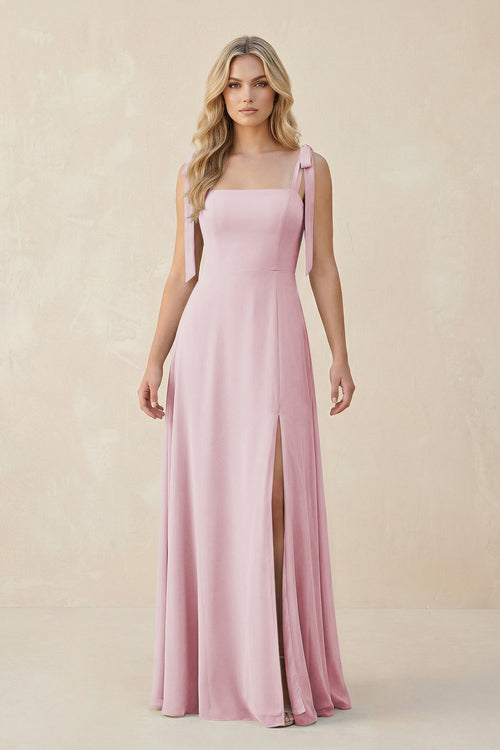 Square Neck Chiffon A - Line Bridesmaid Dress With Bow in Candy Pink - KissProm Bridesmaid Dresses