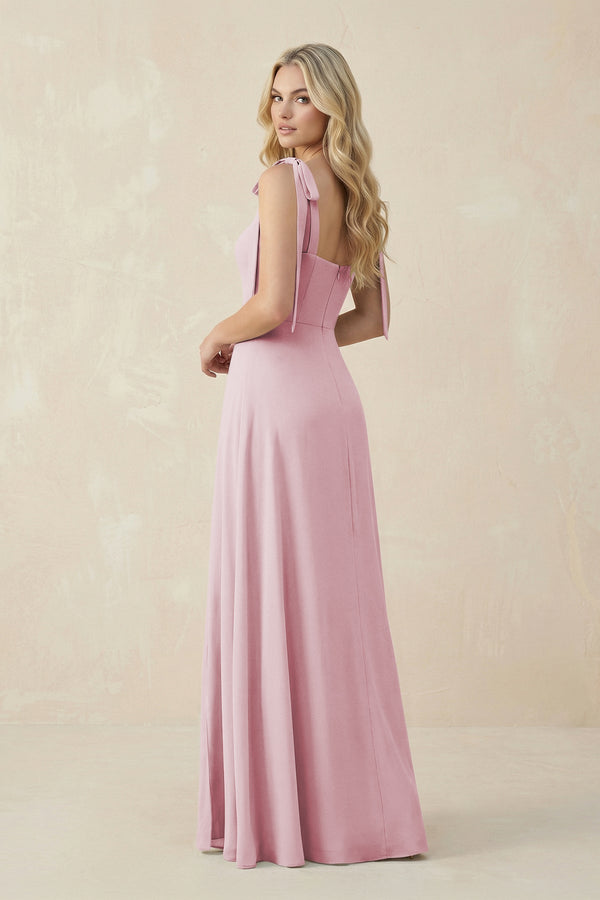 Square Neck Chiffon A - Line Bridesmaid Dress With Bow in Candy Pink - KissProm Bridesmaid Dresses
