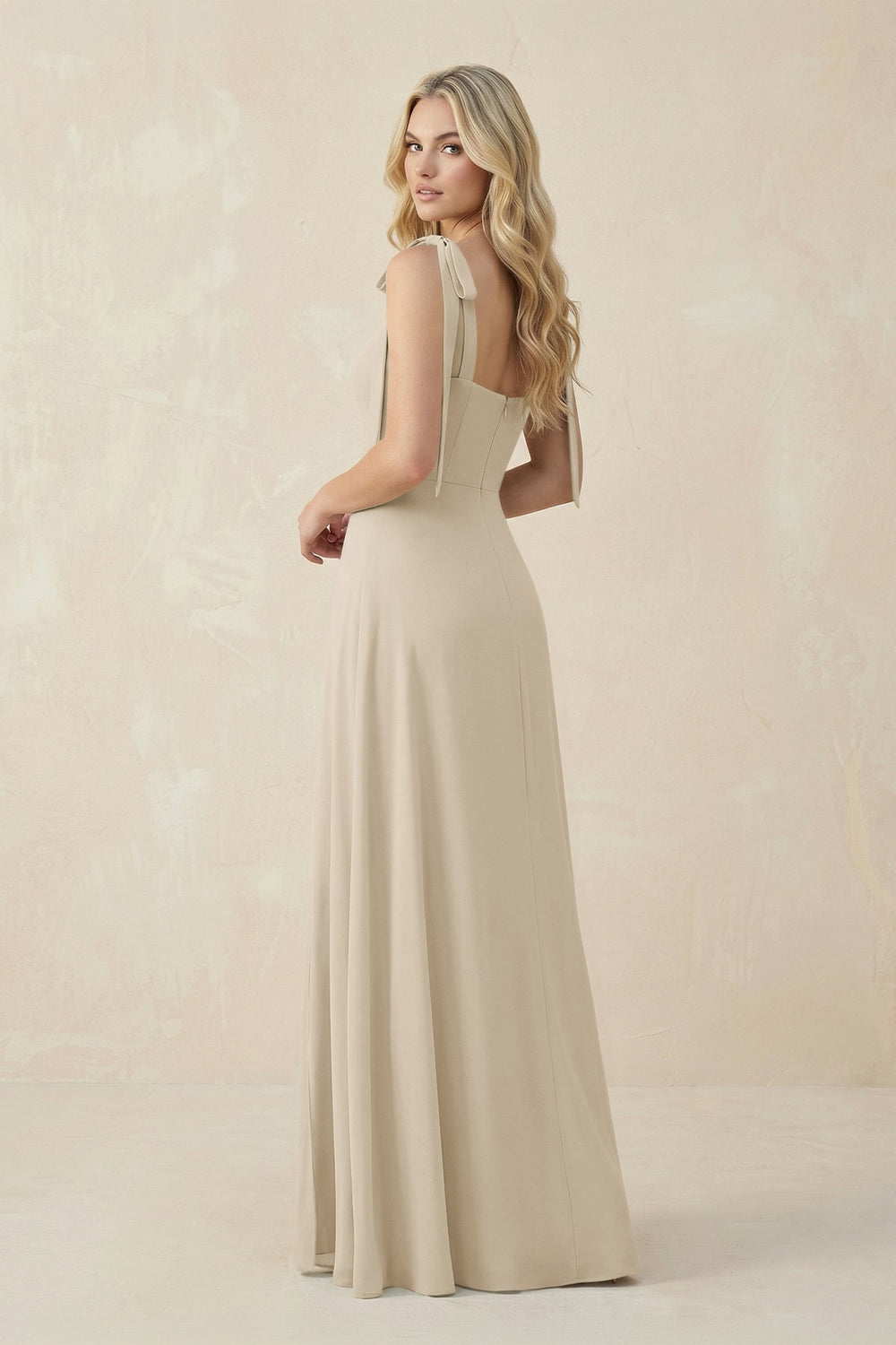 Square Neck Chiffon A - Line Bridesmaid Dress With Bow in Champagne - KissProm Bridesmaid Dresses