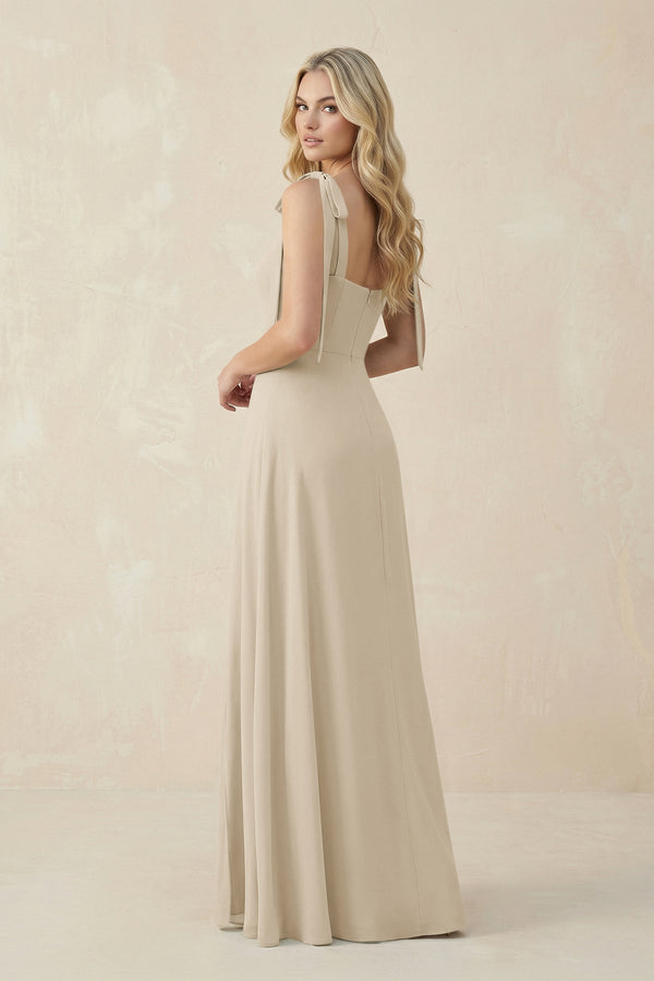 Square Neck Chiffon A - Line Bridesmaid Dress With Bow in Champagne - KissProm Bridesmaid Dresses