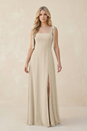 Square Neck Chiffon A - Line Bridesmaid Dress With Bow in Champagne - KissProm Bridesmaid Dresses