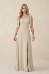 Square Neck Chiffon A - Line Bridesmaid Dress With Bow in Champagne - KissProm Bridesmaid Dresses