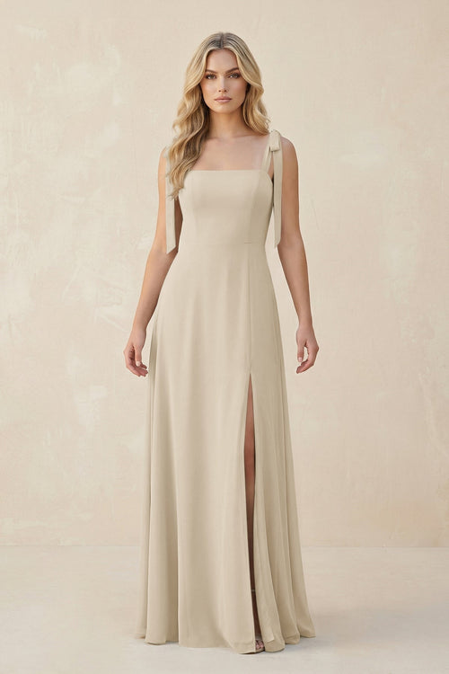 Square Neck Chiffon A - Line Bridesmaid Dress With Bow in Champagne - KissProm Bridesmaid Dresses