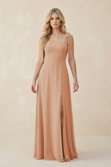 Square Neck Chiffon A - Line Bridesmaid Dress With Bow in Champagne Rose - KissProm Bridesmaid Dresses