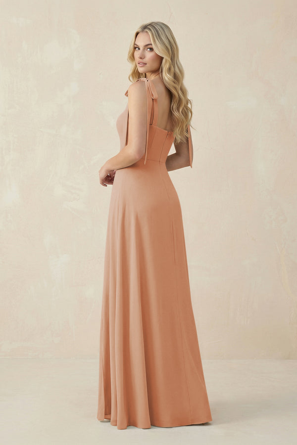 Square Neck Chiffon A - Line Bridesmaid Dress With Bow in Champagne Rose - KissProm Bridesmaid Dresses