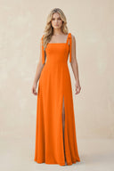Square Neck Chiffon A - Line Bridesmaid Dress With Bow in Cinnamon - KissProm Bridesmaid Dresses