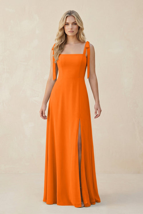 Square Neck Chiffon A - Line Bridesmaid Dress With Bow in Cinnamon - KissProm Bridesmaid Dresses