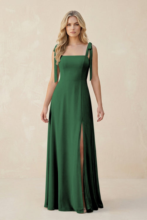 Square Neck Chiffon A - Line Bridesmaid Dress With Bow in Dark Green - KissProm Bridesmaid Dresses