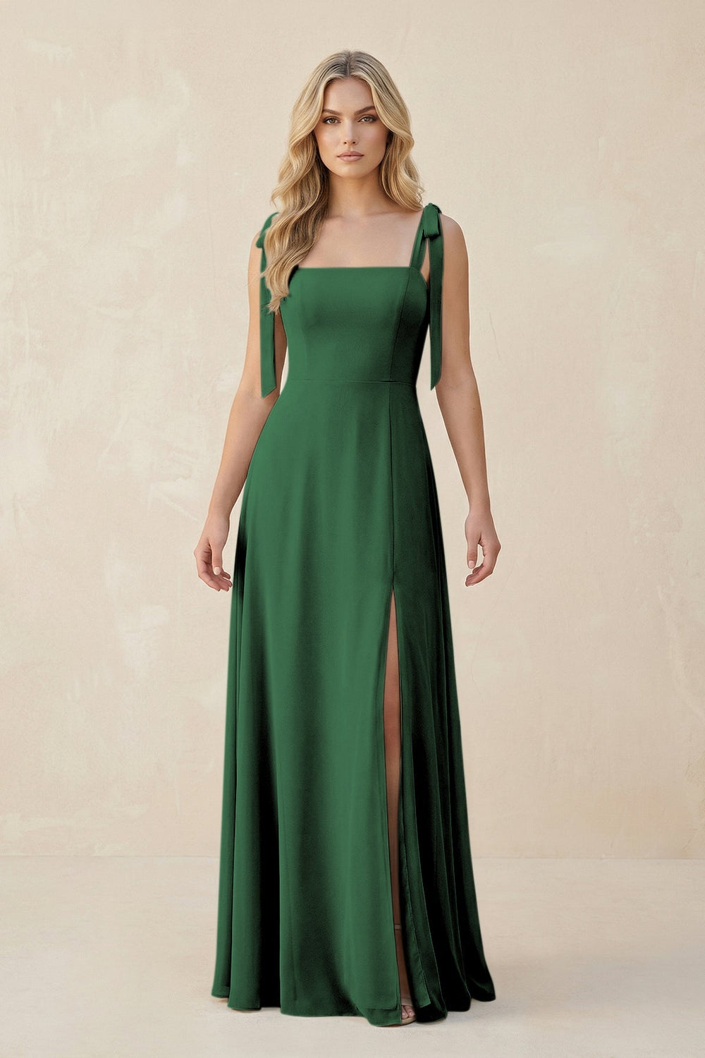 Square Neck Chiffon A - Line Bridesmaid Dress With Bow in Dark Green - KissProm Bridesmaid Dresses