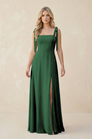Square Neck Chiffon A - Line Bridesmaid Dress With Bow in Dark Green - KissProm Bridesmaid Dresses