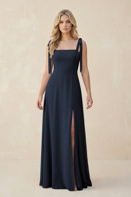 Square Neck Chiffon A - Line Bridesmaid Dress With Bow in Dark Navy - KissProm Bridesmaid Dresses