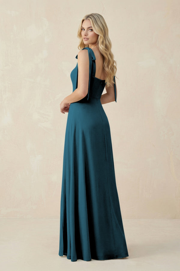 Square Neck Chiffon A - Line Bridesmaid Dress With Bow in Dark Teal - KissProm Bridesmaid Dresses