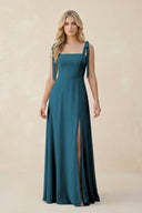 Square Neck Chiffon A - Line Bridesmaid Dress With Bow in Dark Teal - KissProm Bridesmaid Dresses