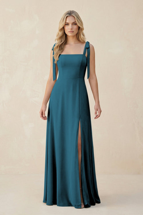 Square Neck Chiffon A - Line Bridesmaid Dress With Bow in Dark Teal - KissProm Bridesmaid Dresses