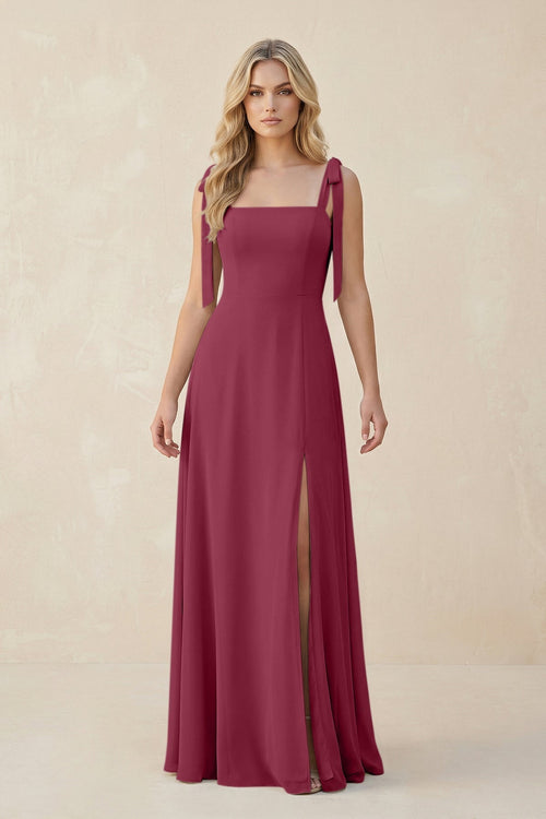 Square Neck Chiffon A - Line Bridesmaid Dress With Bow in Desert Rose - KissProm Bridesmaid Dresses