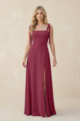 Square Neck Chiffon A - Line Bridesmaid Dress With Bow in Desert Rose - KissProm Bridesmaid Dresses