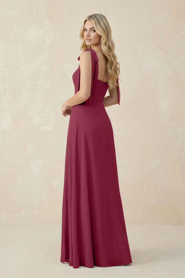 Square Neck Chiffon A - Line Bridesmaid Dress With Bow in Desert Rose - KissProm Bridesmaid Dresses