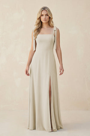 Square Neck Chiffon A - Line Bridesmaid Dress With Bow in Dove Gray - KissProm Bridesmaid Dresses
