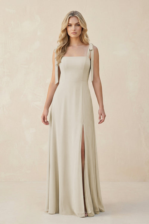 Square Neck Chiffon A - Line Bridesmaid Dress With Bow in Dove Gray - KissProm Bridesmaid Dresses