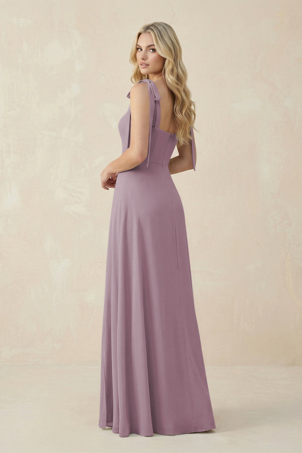Square Neck Chiffon A - Line Bridesmaid Dress With Bow in Dusk - KissProm Bridesmaid Dresses