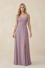 Square Neck Chiffon A - Line Bridesmaid Dress With Bow in Dusk - KissProm Bridesmaid Dresses