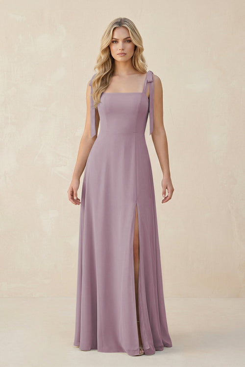 Square Neck Chiffon A - Line Bridesmaid Dress With Bow in Dusk - KissProm Bridesmaid Dresses