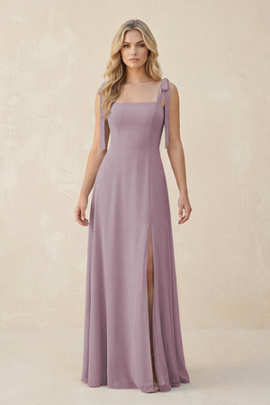 Square Neck Chiffon A - Line Bridesmaid Dress With Bow in Dusk - KissProm Bridesmaid Dresses