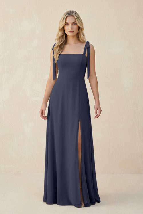 Square Neck Chiffon A - Line Bridesmaid Dress With Bow in Dusk Blue - KissProm Bridesmaid Dresses