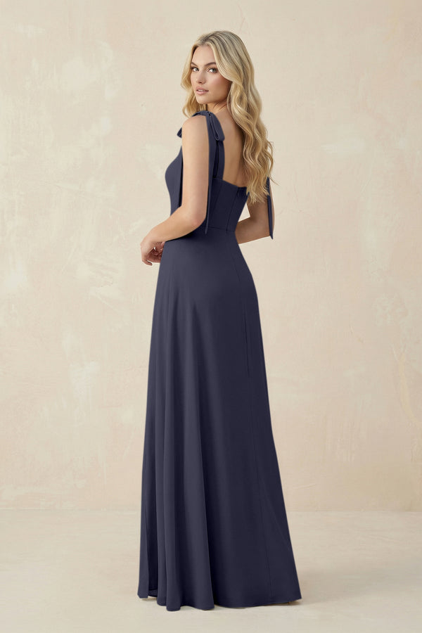 Square Neck Chiffon A - Line Bridesmaid Dress With Bow in Dusk Blue - KissProm Bridesmaid Dresses