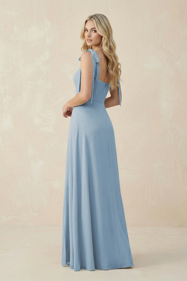 Square Neck Chiffon A - Line Bridesmaid Dress With Bow in Dusty Blue - KissProm Bridesmaid Dresses