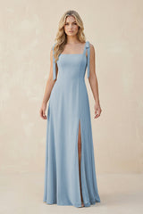 Square Neck Chiffon A - Line Bridesmaid Dress With Bow in Dusty Blue - KissProm Bridesmaid Dresses