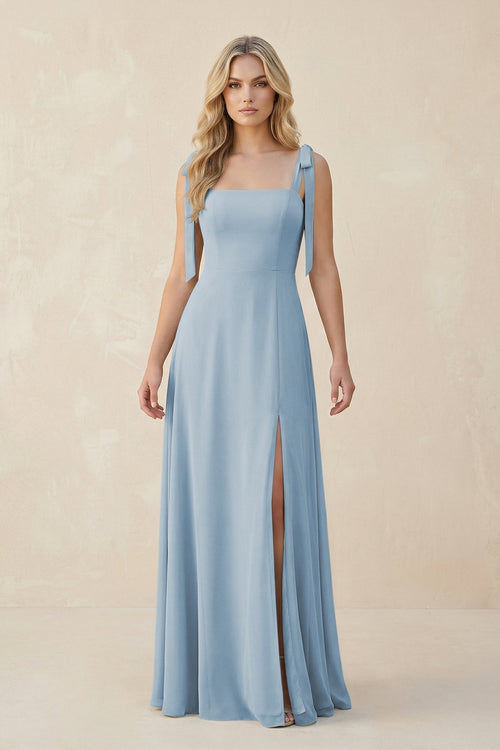 Square Neck Chiffon A - Line Bridesmaid Dress With Bow in Dusty Blue - KissProm Bridesmaid Dresses
