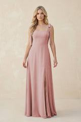 Square Neck Chiffon A - Line Bridesmaid Dress With Bow in Dusty Rose - KissProm Bridesmaid Dresses